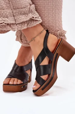 Damskie Zazoo Skórzane Sandały Na Słupku 1081 Czarne