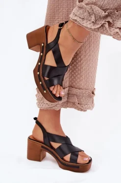 Damskie Zazoo Skórzane Sandały Na Słupku 1081 Czarne