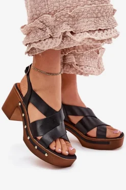 Damskie Zazoo Skórzane Sandały Na Słupku 1081 Czarne