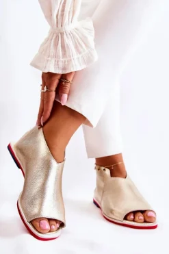 Damskie Boto Skórzane Sandały Na Suwak Złote Clorie