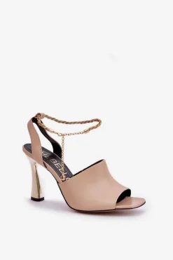 Outlet CheBello Skórzane Sandały Na Szpilce Z Ozdobną Bransoletą 4440 Beżowe Beżowy