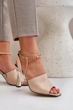 Outlet CheBello Skórzane Sandały Na Szpilce Z Ozdobną Bransoletą 4440 Beżowe Beżowy