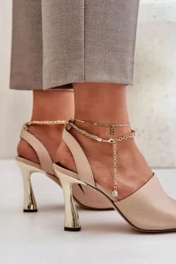 Outlet CheBello Skórzane Sandały Na Szpilce Z Ozdobną Bransoletą 4440 Beżowe Beżowy