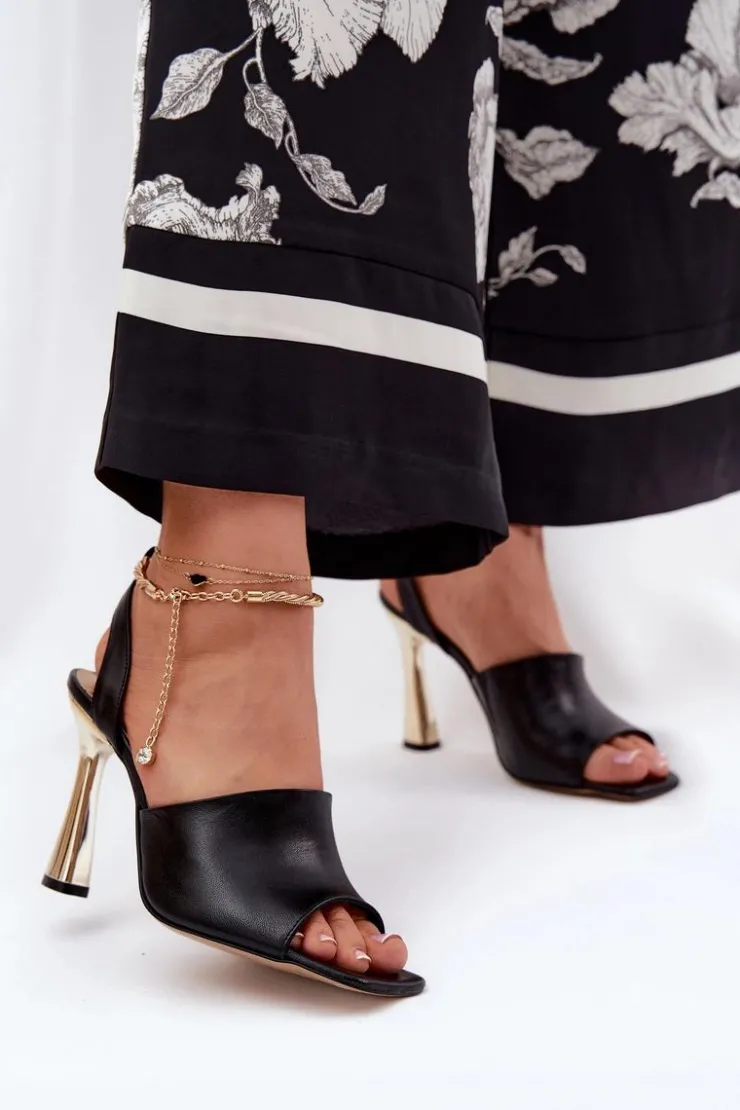 CheBello Sandały Na Obcasie*Skórzane Sandały Na Szpilce Z Ozdobną Bransoletą 4440 Czarne
