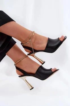 CheBello Sandały Na Obcasie*Skórzane Sandały Na Szpilce Z Ozdobną Bransoletą 4440 Czarne