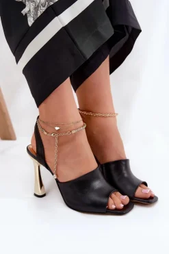 CheBello Sandały Na Obcasie*Skórzane Sandały Na Szpilce Z Ozdobną Bransoletą 4440 Czarne