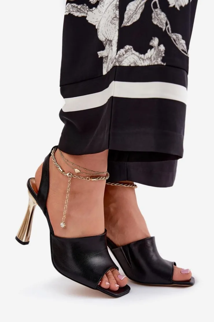 CheBello Sandały Na Obcasie*Skórzane Sandały Na Szpilce Z Ozdobną Bransoletą 4440 Czarne