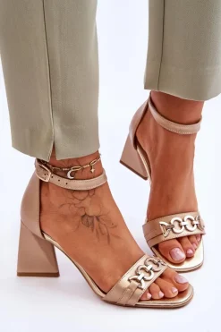 Sale Laura Messi Skórzane Sandały Na Trójkątnym Obcasie 2595 Beżowe