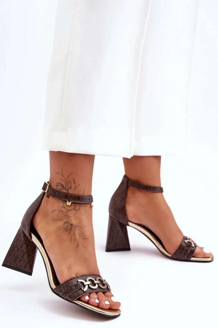 Damskie Laura Messi Skórzane Sandały Na Trójkątnym Obcasie 2595 Brązowe