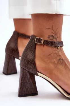 Damskie Laura Messi Skórzane Sandały Na Trójkątnym Obcasie 2595 Brązowe