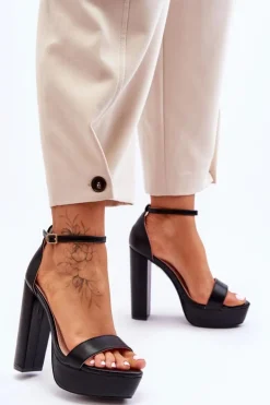 Damskie Boto Skórzane Sandały Na Wysokim Słupku I Platformie Czarne Sky Dream