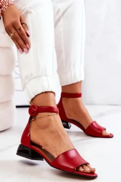 Hot Laura Messi Skórzane Sandały Na Złotym Obcasie 2143 Czerwone