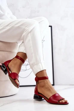 Hot Laura Messi Skórzane Sandały Na Złotym Obcasie 2143 Czerwone