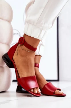 Hot Laura Messi Skórzane Sandały Na Złotym Obcasie 2143 Czerwone