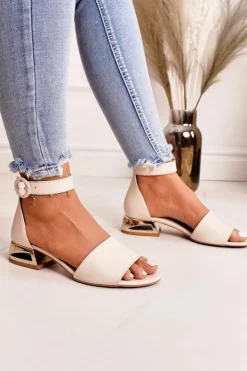 Laura Messi Sandały Na Obcasie|Sandały Płaskie*Skórzane Sandały Na Złotym Obcasie 2143 Beżowe Beżowy