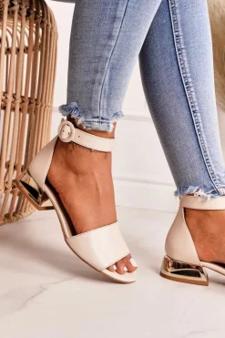 Laura Messi Sandały Na Obcasie|Sandały Płaskie*Skórzane Sandały Na Złotym Obcasie 2143 Beżowe Beżowy