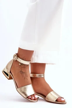 Damskie Laura Messi Skórzane Sandały Na Złotym Obcasie 2143 Złote