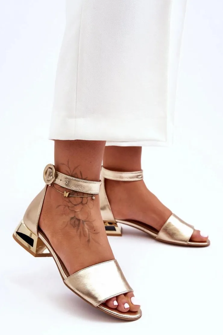 Damskie Laura Messi Skórzane Sandały Na Złotym Obcasie 2143 Złote