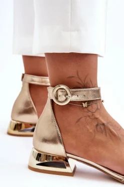 Damskie Laura Messi Skórzane Sandały Na Złotym Obcasie 2143 Złote