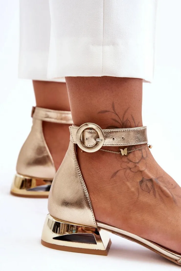 Damskie Laura Messi Skórzane Sandały Na Złotym Obcasie 2143 Złote