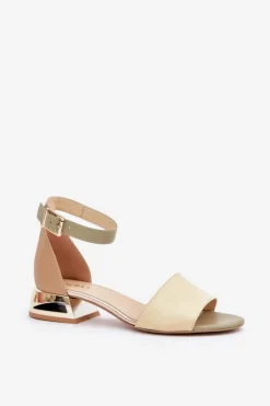 Damskie Laura Messi Skórzane Sandały Na Złotym Obcasie 2143 Beżowe