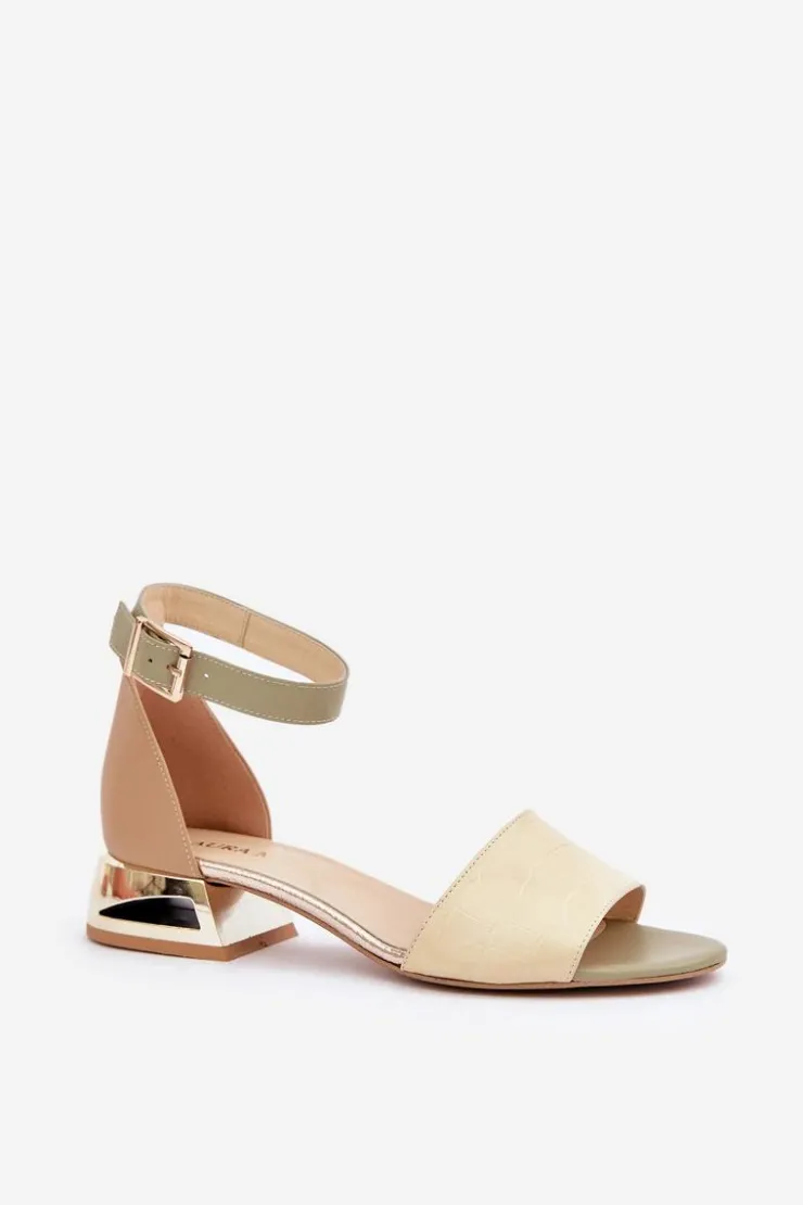 Damskie Laura Messi Skórzane Sandały Na Złotym Obcasie 2143 Beżowe