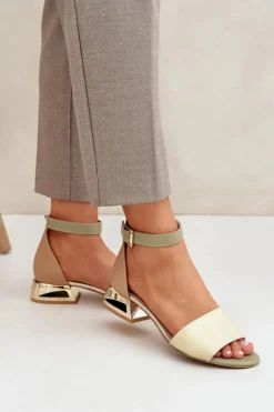 Damskie Laura Messi Skórzane Sandały Na Złotym Obcasie 2143 Beżowe