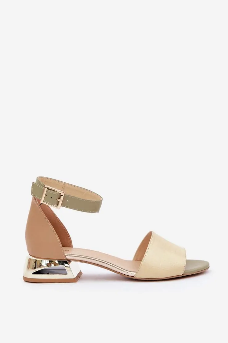 Damskie Laura Messi Skórzane Sandały Na Złotym Obcasie 2143 Beżowe