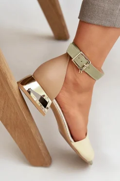 Damskie Laura Messi Skórzane Sandały Na Złotym Obcasie 2143 Beżowe