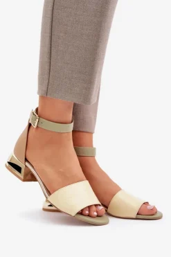 Damskie Laura Messi Skórzane Sandały Na Złotym Obcasie 2143 Beżowe