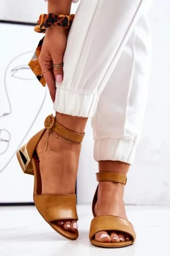 Laura Messi Sandały Na Obcasie|Sandały Płaskie*Skórzane Sandały Na Złotym Obcasie 2143 Camel