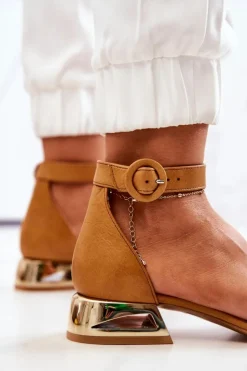 Laura Messi Sandały Na Obcasie|Sandały Płaskie*Skórzane Sandały Na Złotym Obcasie 2143 Camel