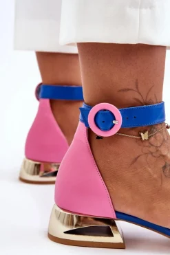 Damskie Laura Messi Skórzane Sandały Na Złotym Obcasie 2143 Różowo-Niebieskie