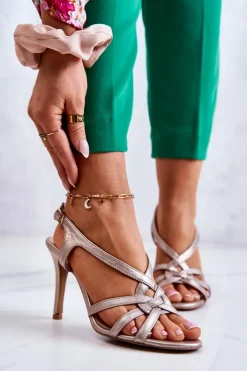 Online Laura Messi Skórzane Sandały Szpilki 2002 Beżowo-Złote