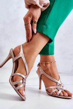 Online Laura Messi Skórzane Sandały Szpilki 2002 Beżowo-Złote