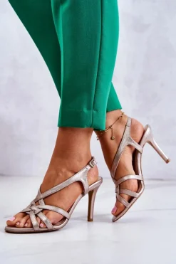 Online Laura Messi Skórzane Sandały Szpilki 2002 Beżowo-Złote