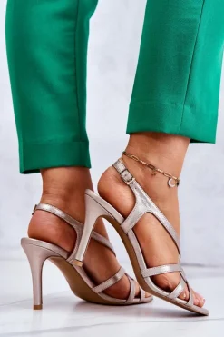 Online Laura Messi Skórzane Sandały Szpilki 2002 Beżowo-Złote