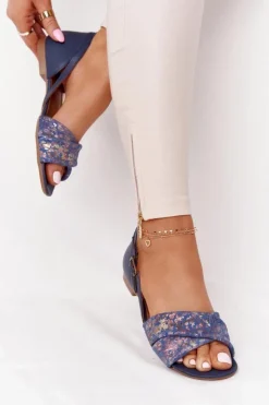 Maciejka Sandały Płaskie*Skórzane Sandały W Kwiatki 04614-43 Granatowe