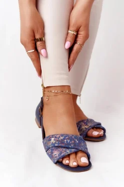 Maciejka Sandały Płaskie*Skórzane Sandały W Kwiatki 04614-43 Granatowe