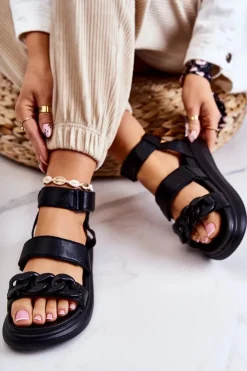 Damskie Boto Skórzane Sandały Z Łańcuchem La.Fi Czarne Alissia