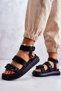 Damskie Boto Skórzane Sandały Z Łańcuchem La.Fi Czarne Alissia