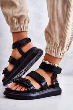 Damskie Boto Skórzane Sandały Z Łańcuchem La.Fi Czarne Alissia