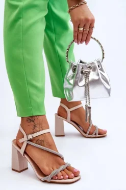 Boto Sandały Na Obcasie*Skórzane Sandały Z Cyrkoniami Na Obcasie Beżowe Carlotta