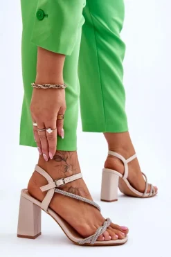 Boto Sandały Na Obcasie*Skórzane Sandały Z Cyrkoniami Na Obcasie Beżowe Carlotta