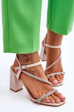 Boto Sandały Na Obcasie*Skórzane Sandały Z Cyrkoniami Na Obcasie Beżowe Carlotta