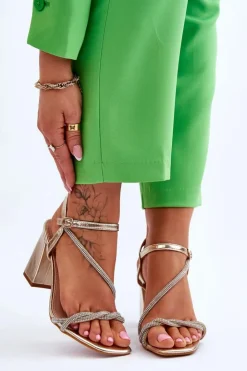 Outlet Boto Skórzane Sandały Z Cyrkoniami Na Obcasie Złote Carlotta