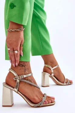 Outlet Boto Skórzane Sandały Z Cyrkoniami Na Obcasie Złote Carlotta