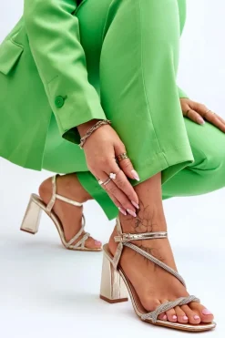 Outlet Boto Skórzane Sandały Z Cyrkoniami Na Obcasie Złote Carlotta