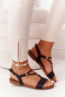 Clearance Damskie buty S.Barski Skórzane Sandały Z Cyrkoniami Czarne Melly