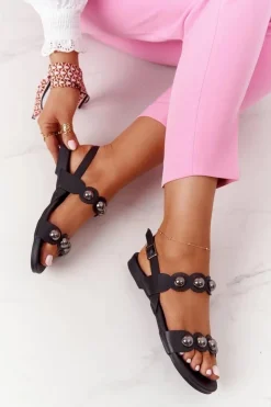 Damskie Damskie buty S.Barski Skórzane Sandały Z Dżetami S.Barski 541-52 Czarne